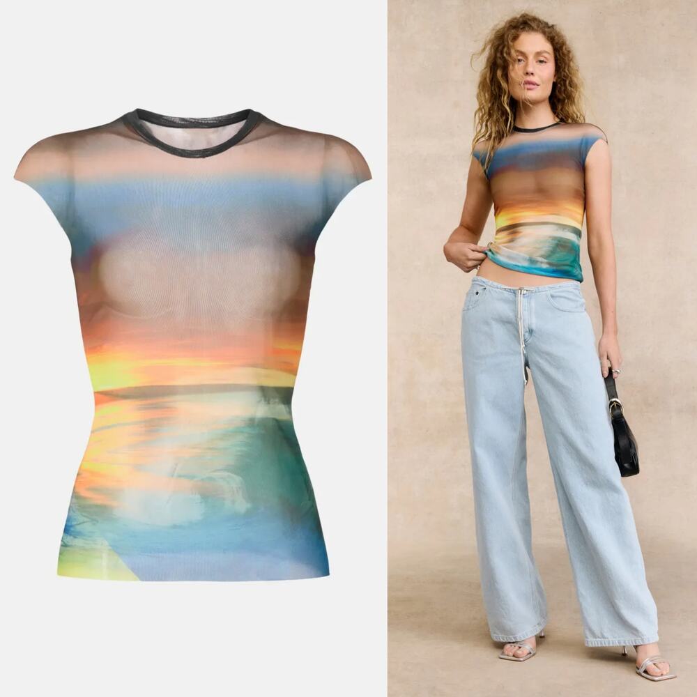 AFRM Nina Top Printed Sheer Mesh Cap Sleeve Crew Neck Ocean Ombre XS - Picture 2 of 12